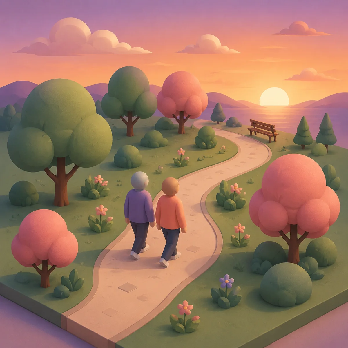 Two abstract figures walking together through a peaceful park at sunset after reconnecting