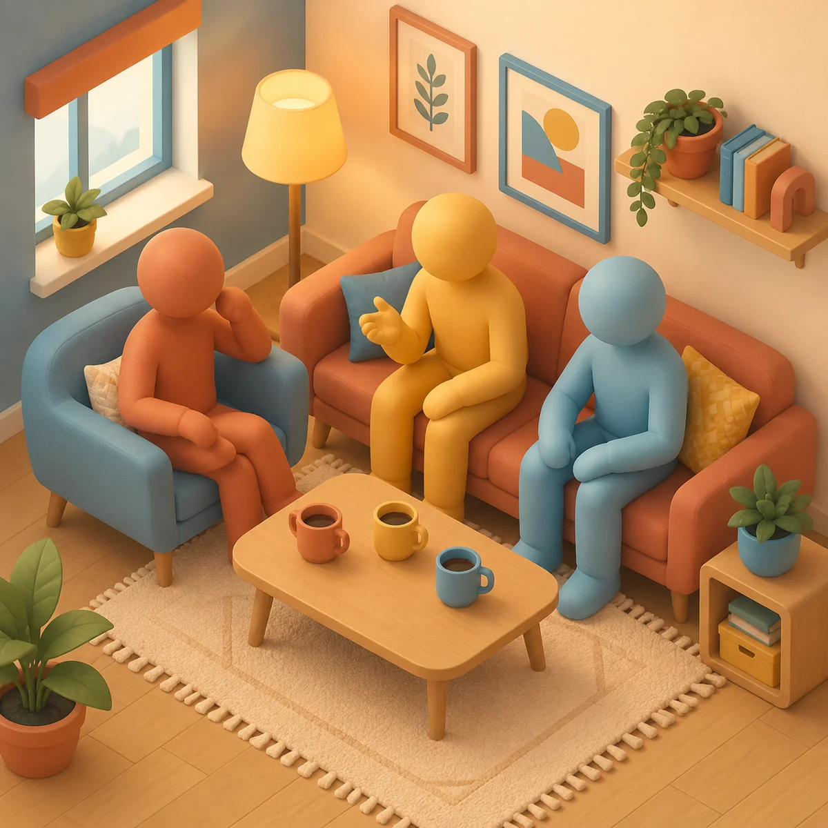 Three abstract figures sharing genuine laughter in a warm living room with coffee mugs