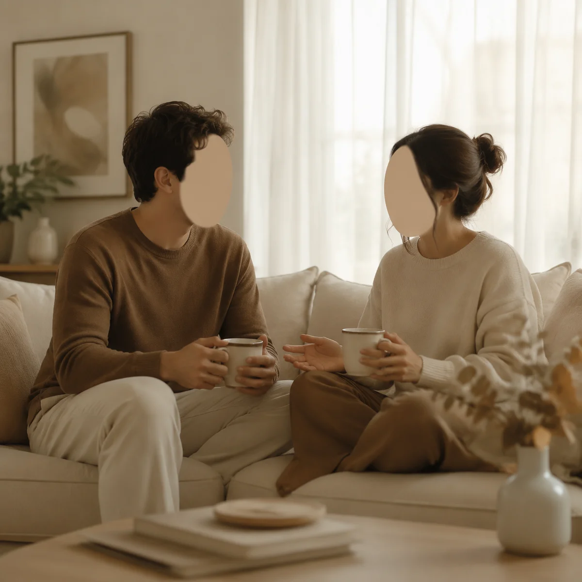 A couple having a calm conversation on a sofa in soft natural light, representing the ideal setting for post-threesome feedback