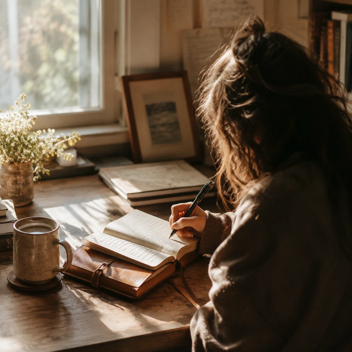 A person writing thoughtfully in a journal at a wooden desk with morning light, symbolizing self-reflection before giving feedback