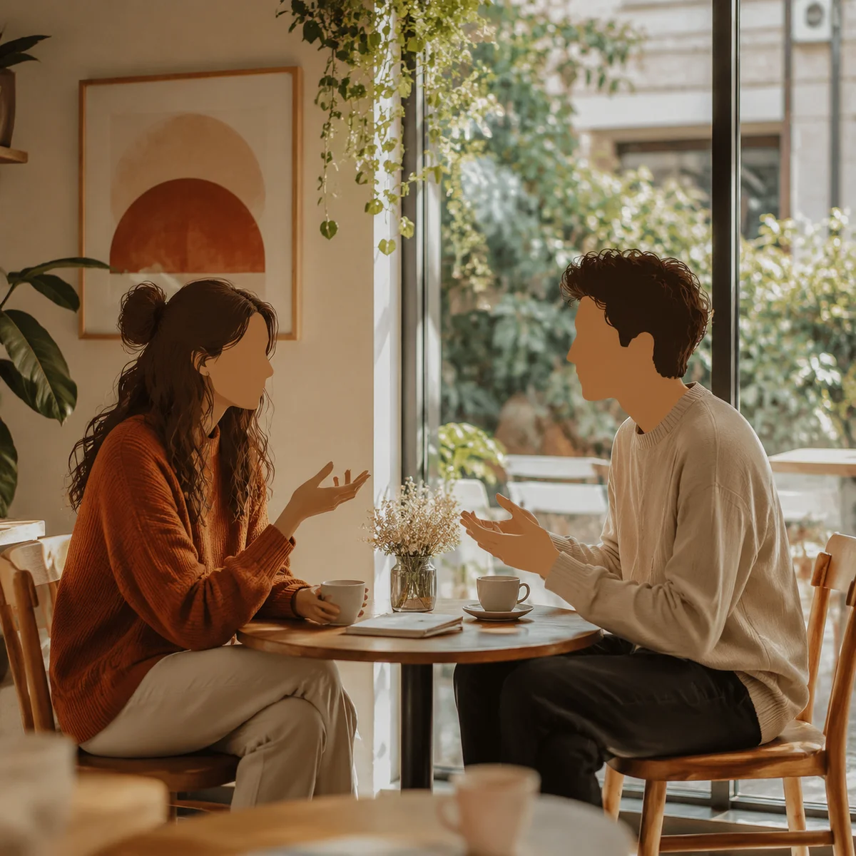 Two people sitting at a cafe table having an engaged conversation, warm natural lighting, editorial style
