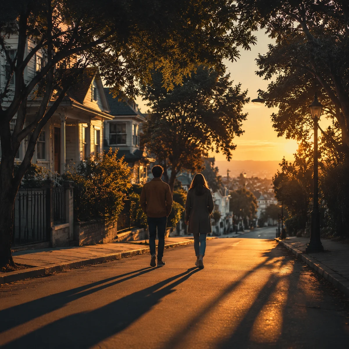 Two people walking side by side on a quiet street during golden hour, editorial photography, peaceful atmosphere