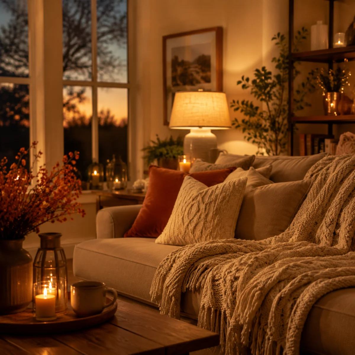 A cozy living room with soft cushions and warm ambient lighting, peaceful evening atmosphere, editorial photography