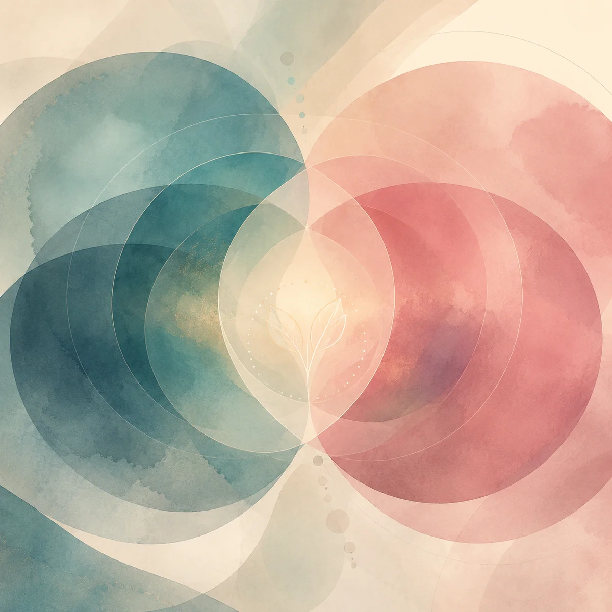 Overlapping transparent circles in muted teal and rose symbolizing relationship repair