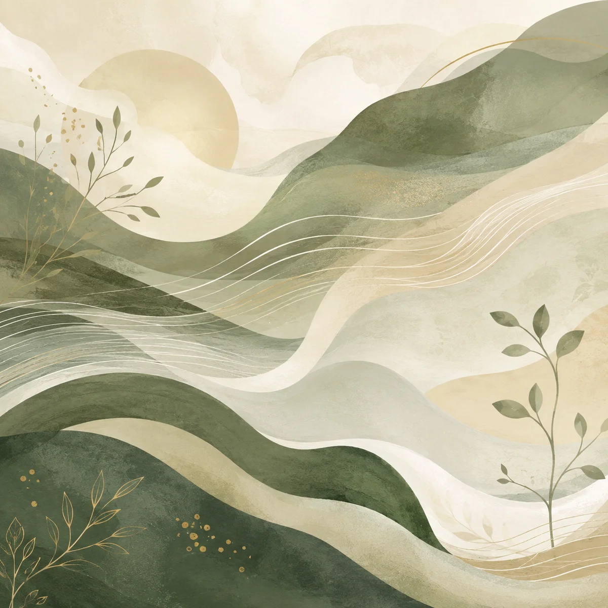 Soft abstract waves in calming sage green and cream representing emotional time
