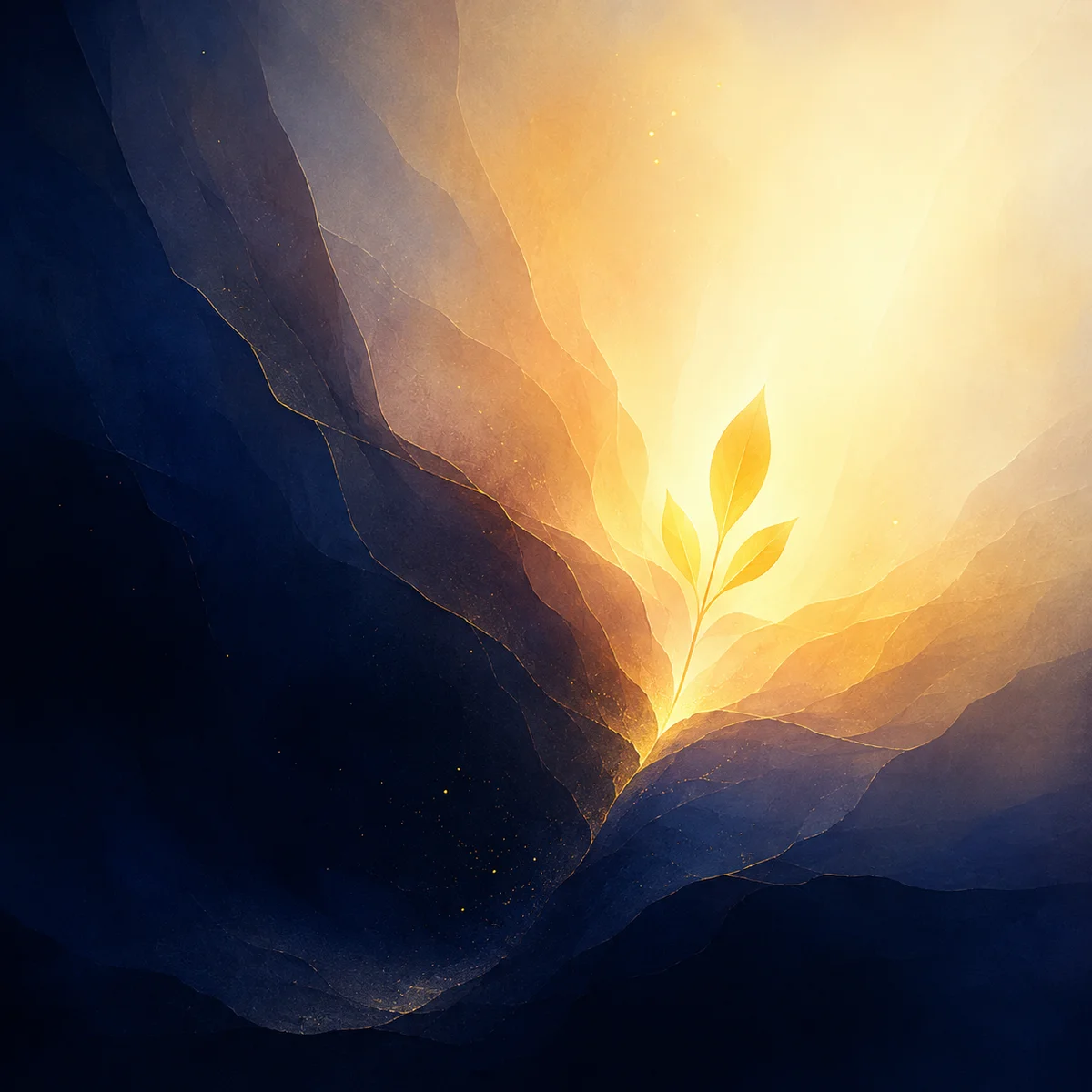 Abstract light forms breaking through darker tones transitioning to warm amber