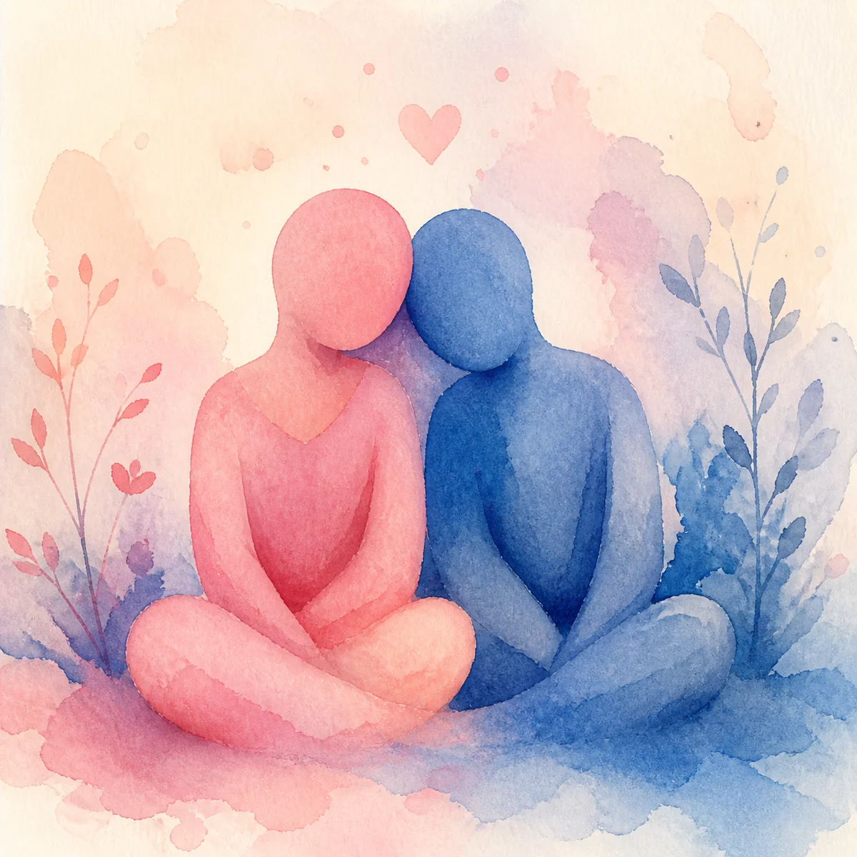 Soft watercolor illustration of two abstract figures sitting close together in warm pink and blue tones representing emotional connection