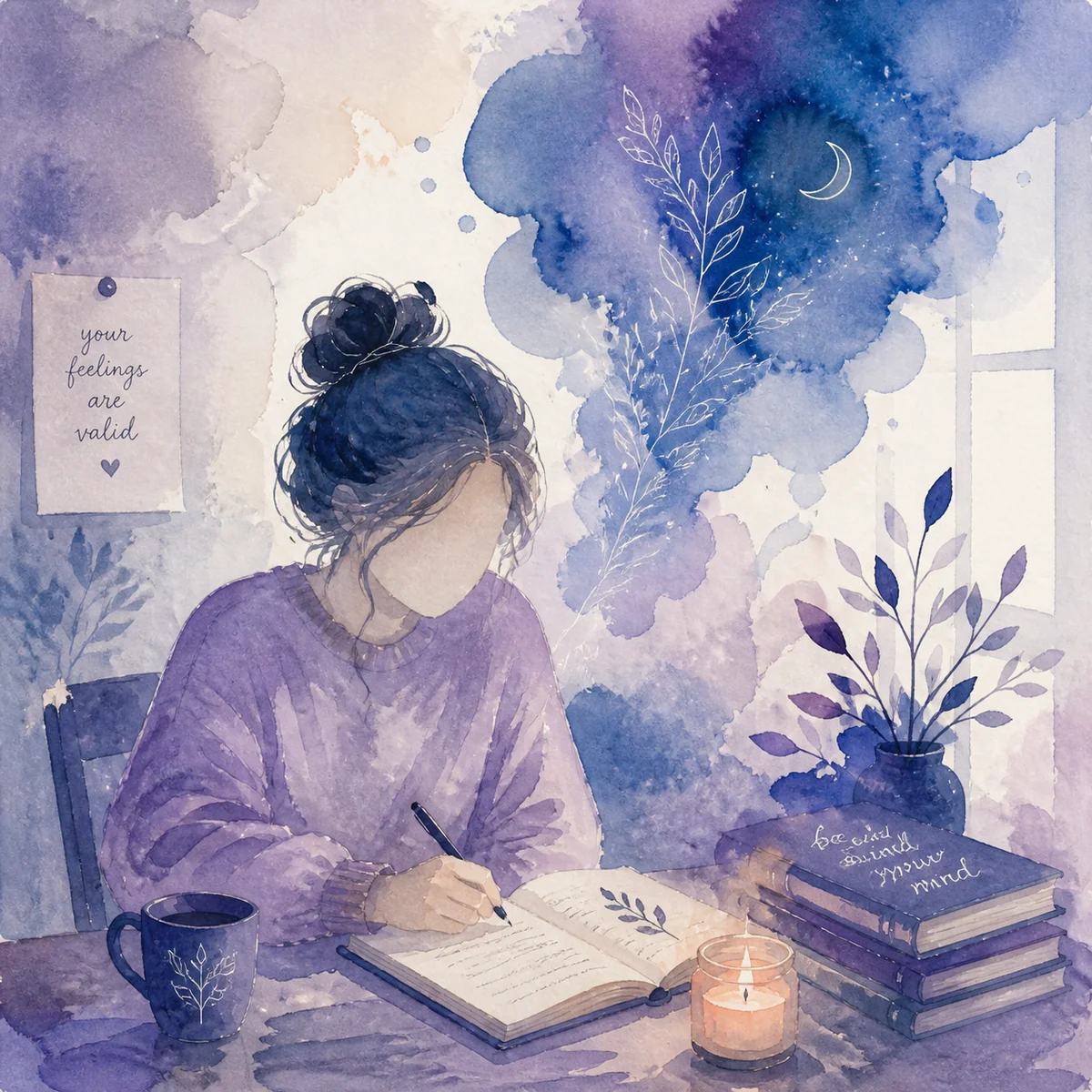 Watercolor illustration of a person writing in a journal, soft blues and lavender tones, introspective mood