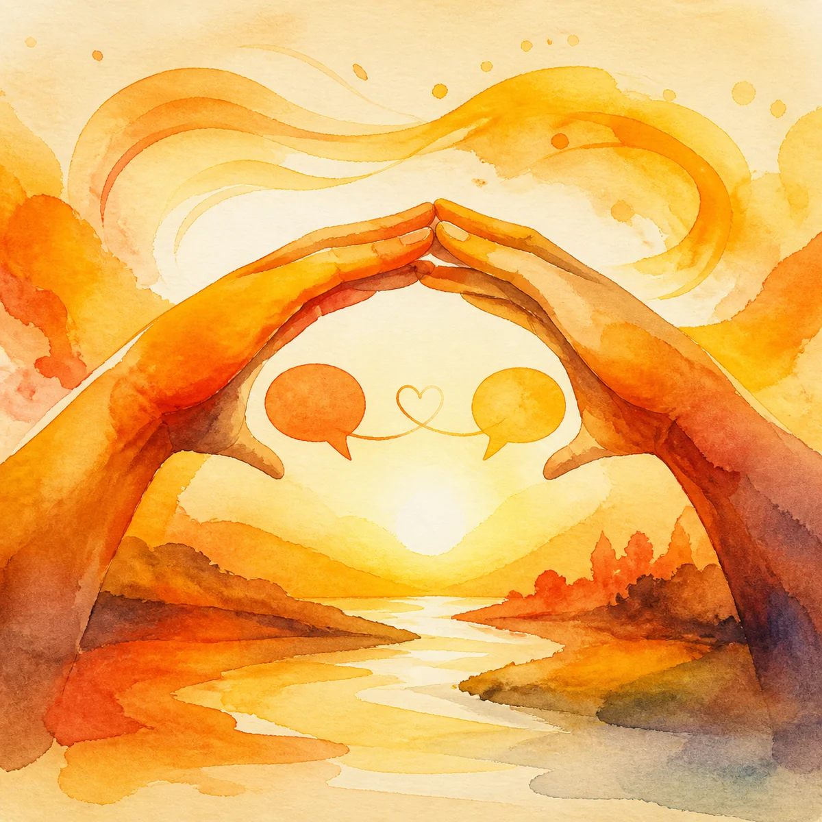 Watercolor illustration of two hands forming a bridge shape, warm orange and yellow tones, symbolizing communication and connection