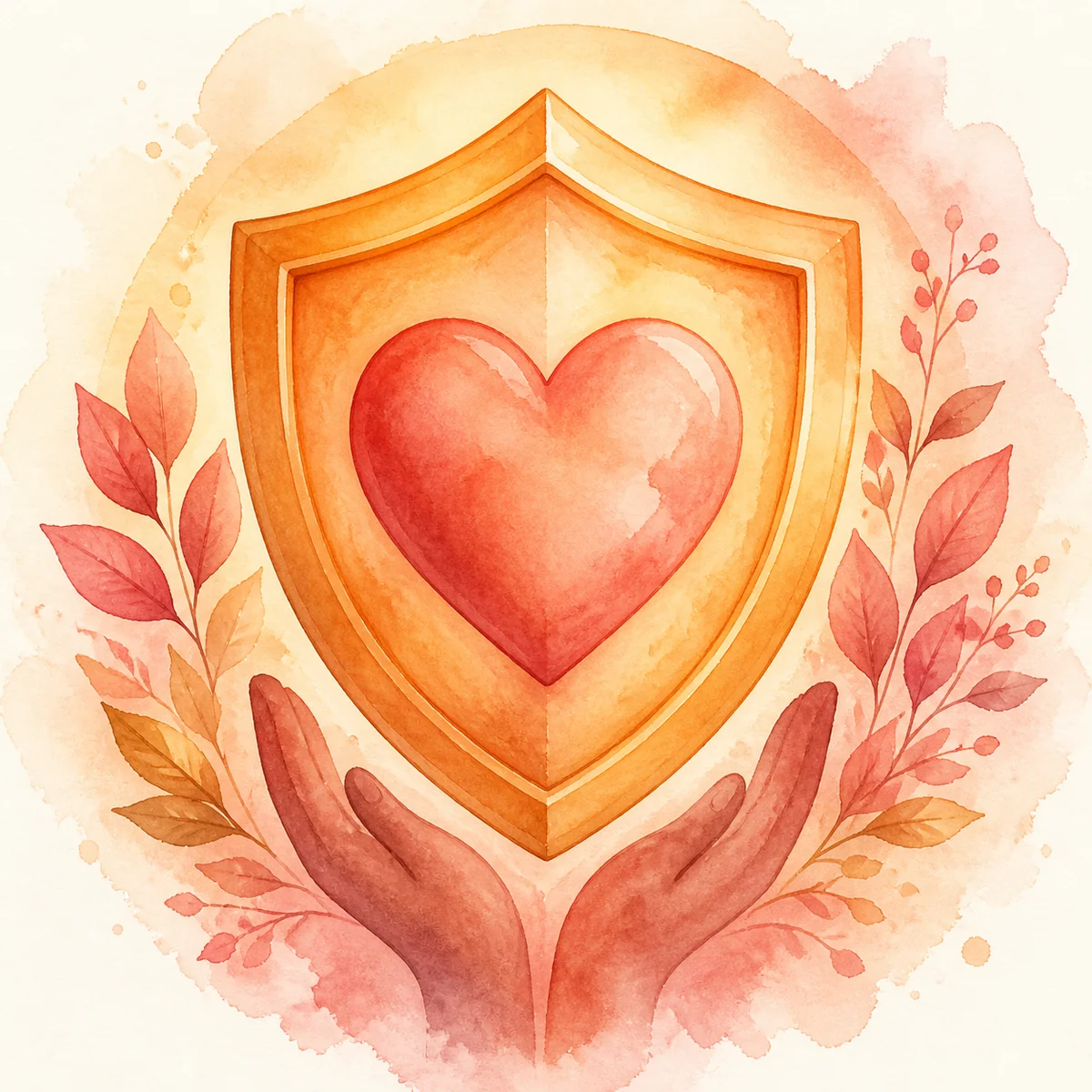 Watercolor illustration of a shield shape with a heart at the center, warm protective tones of amber and rose