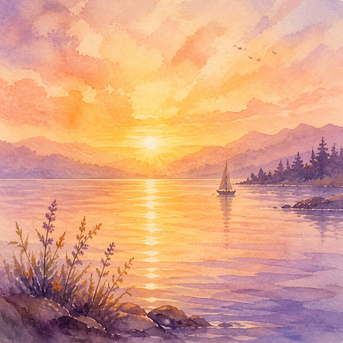 Watercolor of a sunrise over calm water, soft gold, peach, and lavender tones, symbolizing hope and emotional resolution