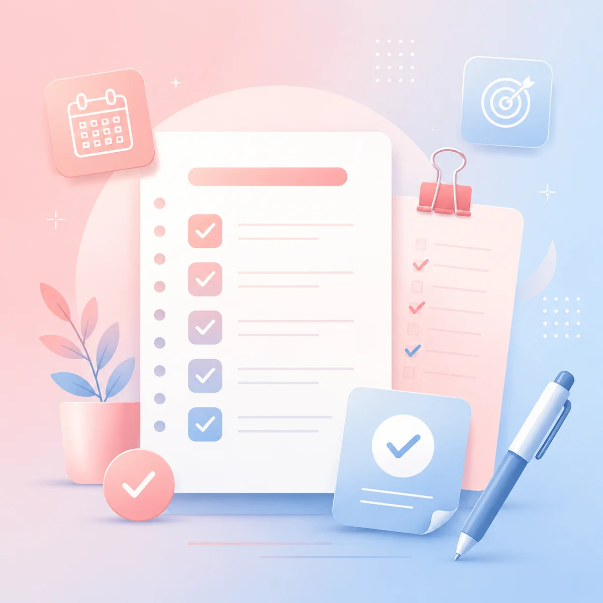 Gradient-minimalist checklist illustration with soft checkmark symbols