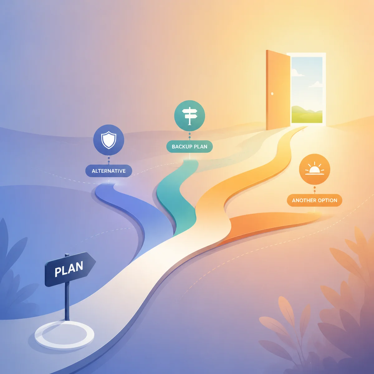 Gradient-minimalist branching path diagram suggesting contingency planning and alternatives