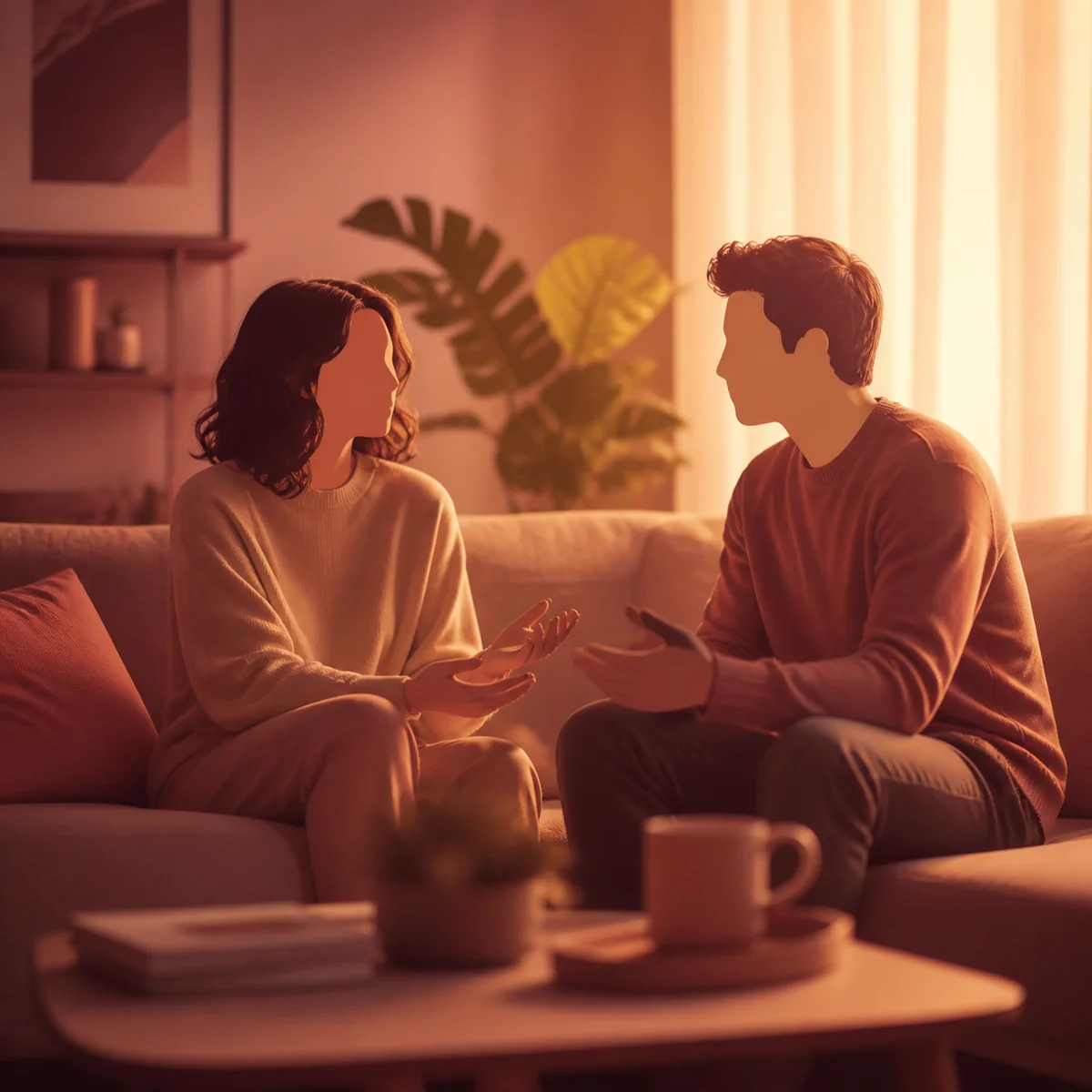 Couple having an honest conversation about threesome boundaries, warm duotone lighting