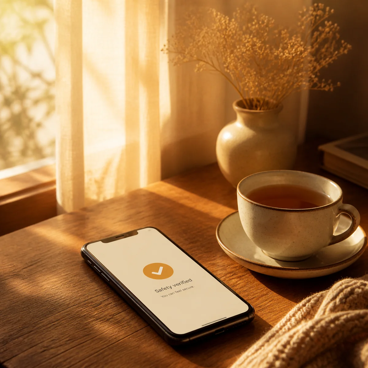 Phone screen showing safety verification message, warm amber lighting through window