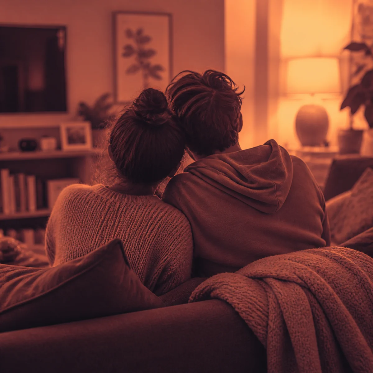 Two people sitting close on a couch in warm duotone light, quiet reconnection after an experience