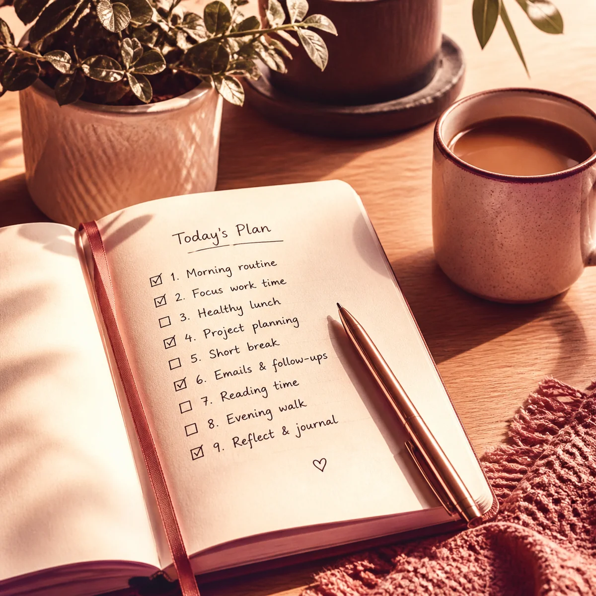 Warm-lit journal with checklist on a cozy table, coffee and afternoon light, duotone amber