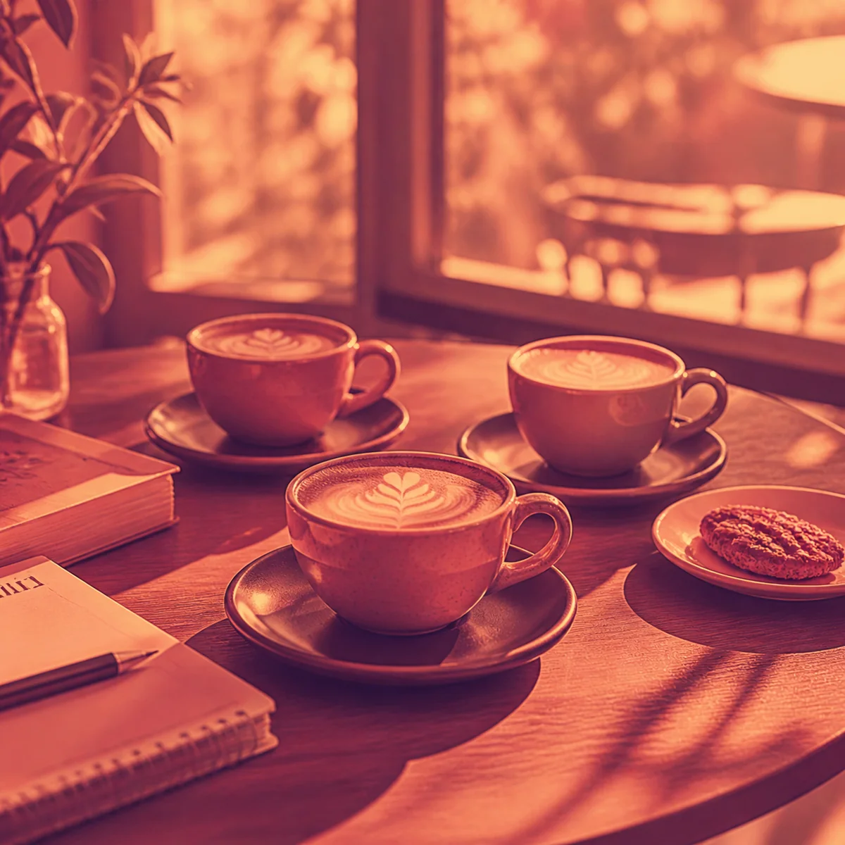 Three coffee cups on a warm-lit table in a cozy café, duotone amber and rose tones, abstract group dynamic