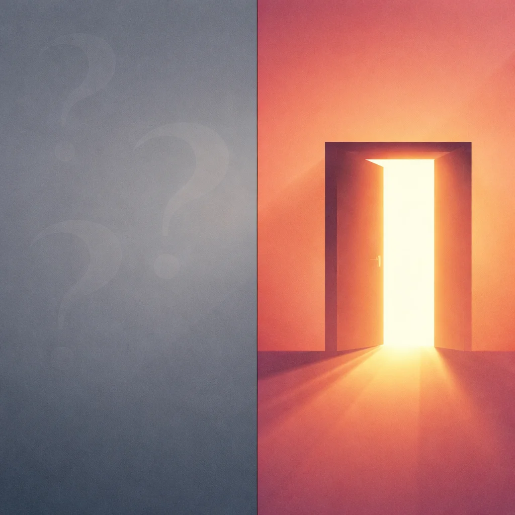 Split gradient composition contrasting myth on the left with reality on the right, doorway to light