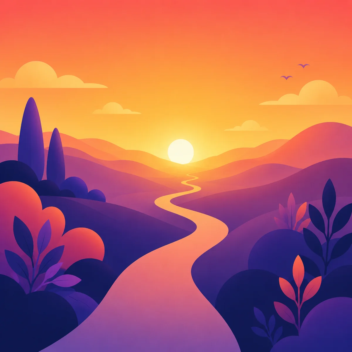 Warm sunrise gradient with a winding path forward representing informed new beginnings in threesome dating