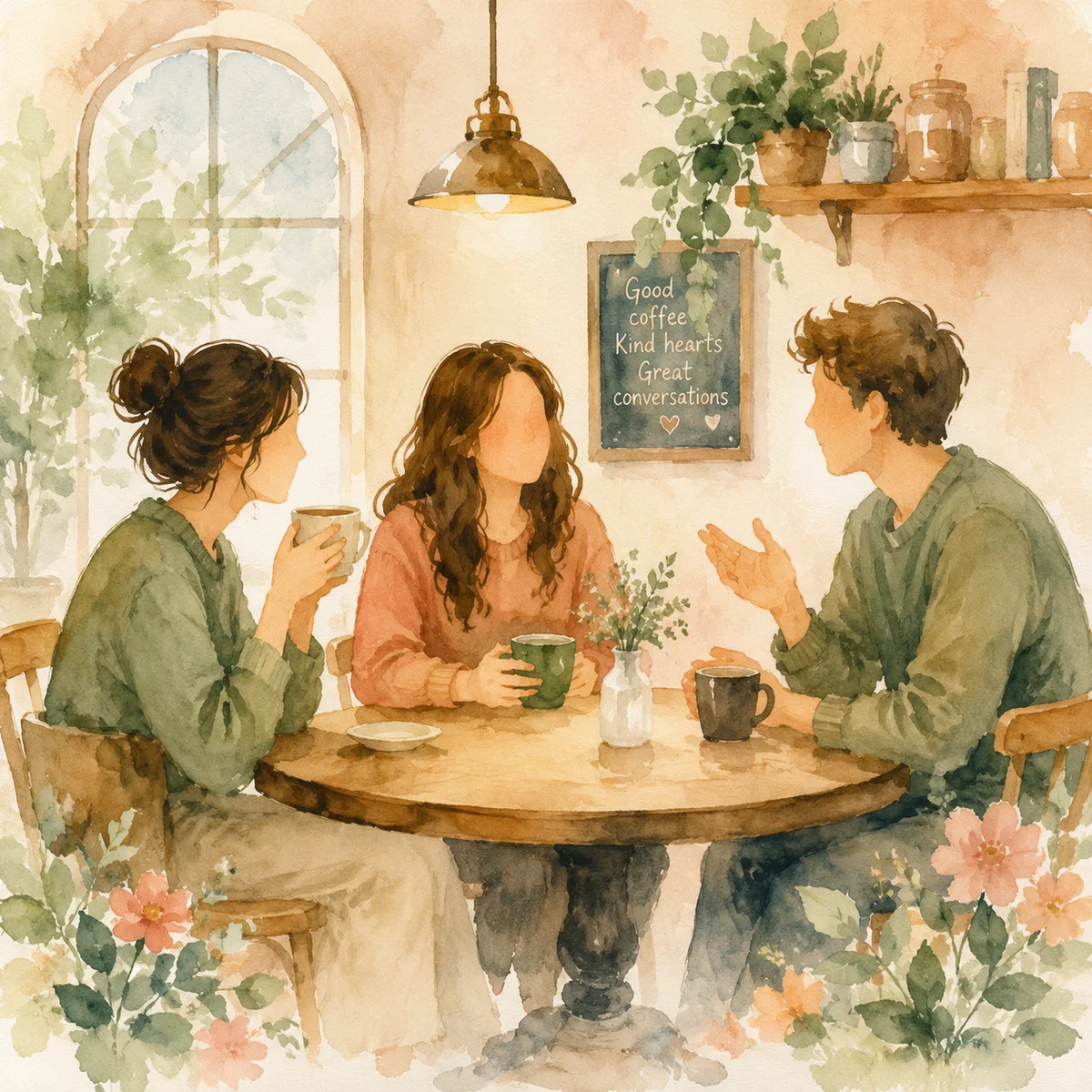 Threesome negotiation conversation between two people and a third at a cozy cafe, watercolor soft illustration