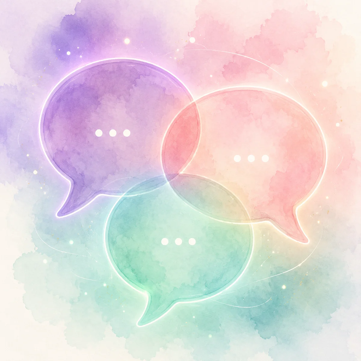 Abstract watercolor illustration of three glowing conversation bubbles overlapping, soft pastel tones, representing open communication