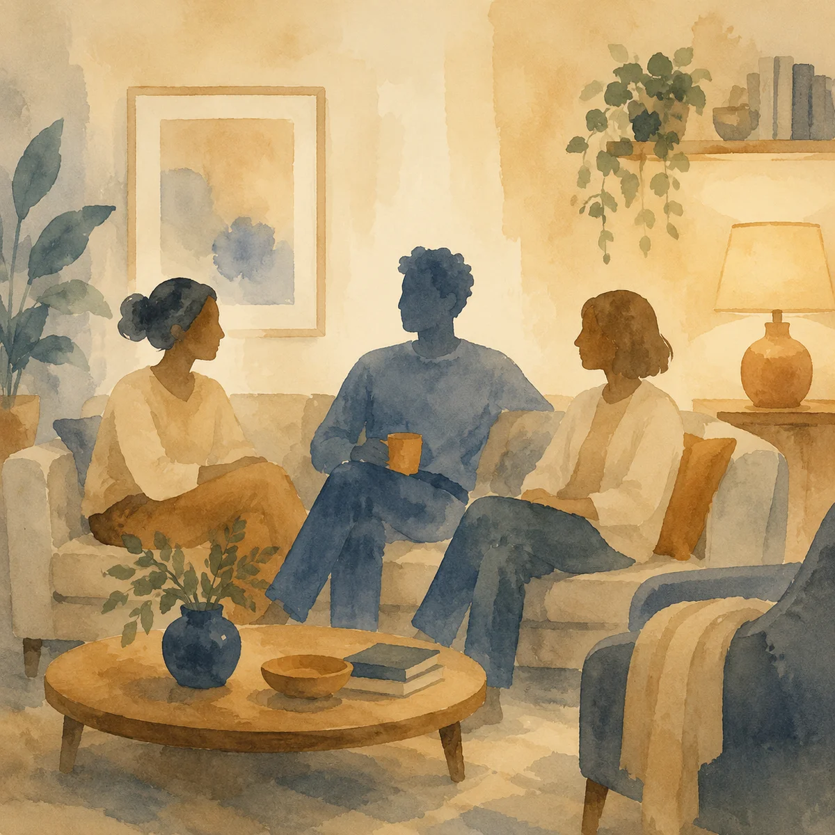 Soft watercolor illustration of three silhouettes in a living room, warm lamp light, comfortable relaxed atmosphere, pastel colors