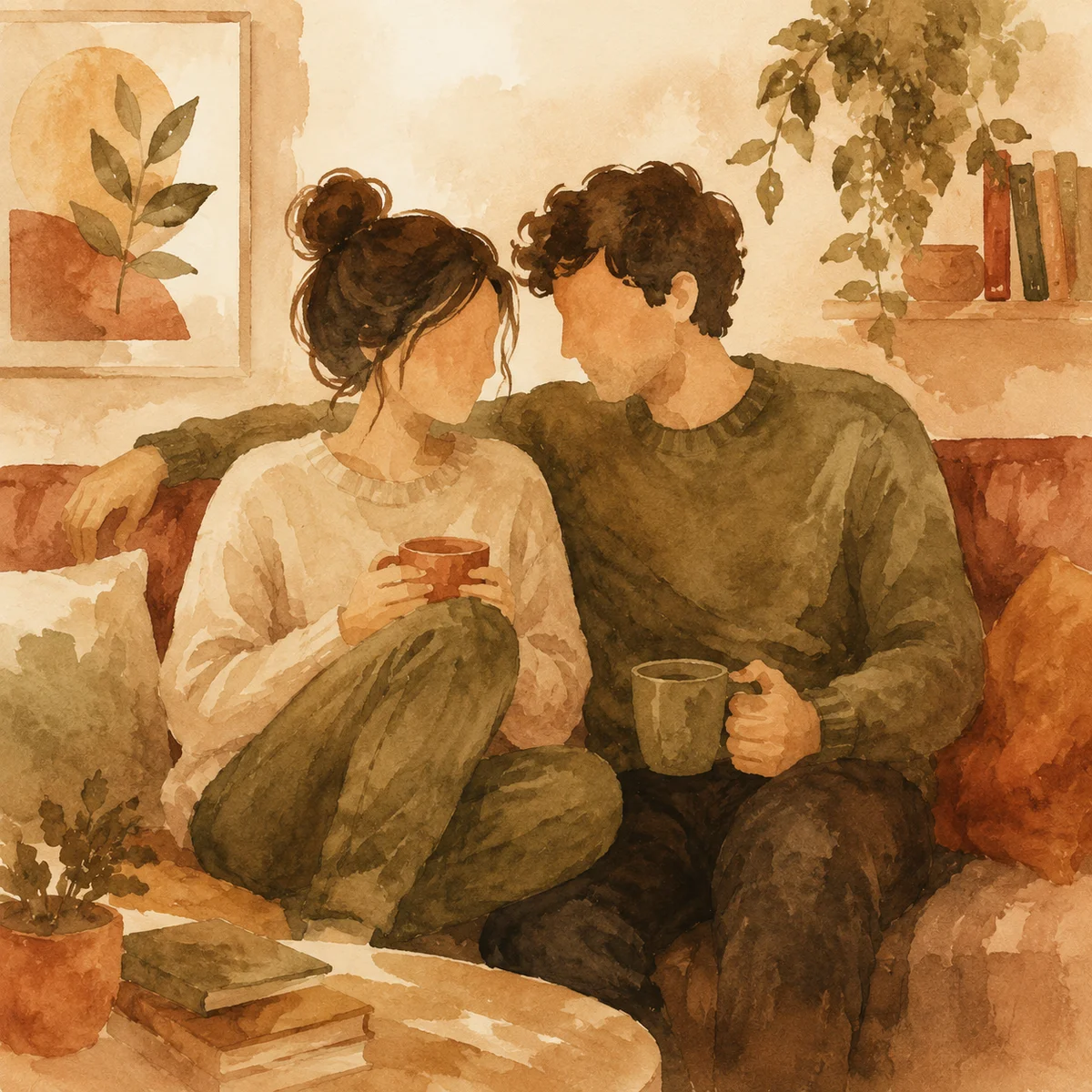 Watercolor illustration of a couple having a quiet moment together on a couch, soft earth tones, intimate but not romantic