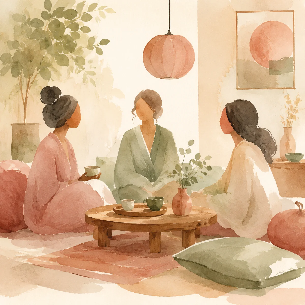 Watercolor soft illustration of three people sitting comfortably around a low table, warm ambient lighting, relaxed post-conversation energy, pastel color palette