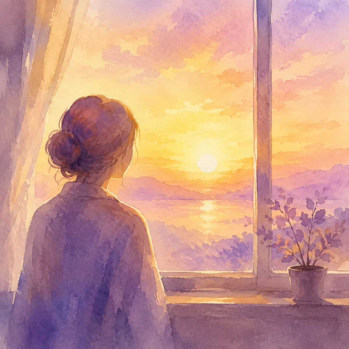 Artistic watercolor illustration of a single figure looking at a sunrise, soft golden and lavender tones, hopeful and calm atmosphere