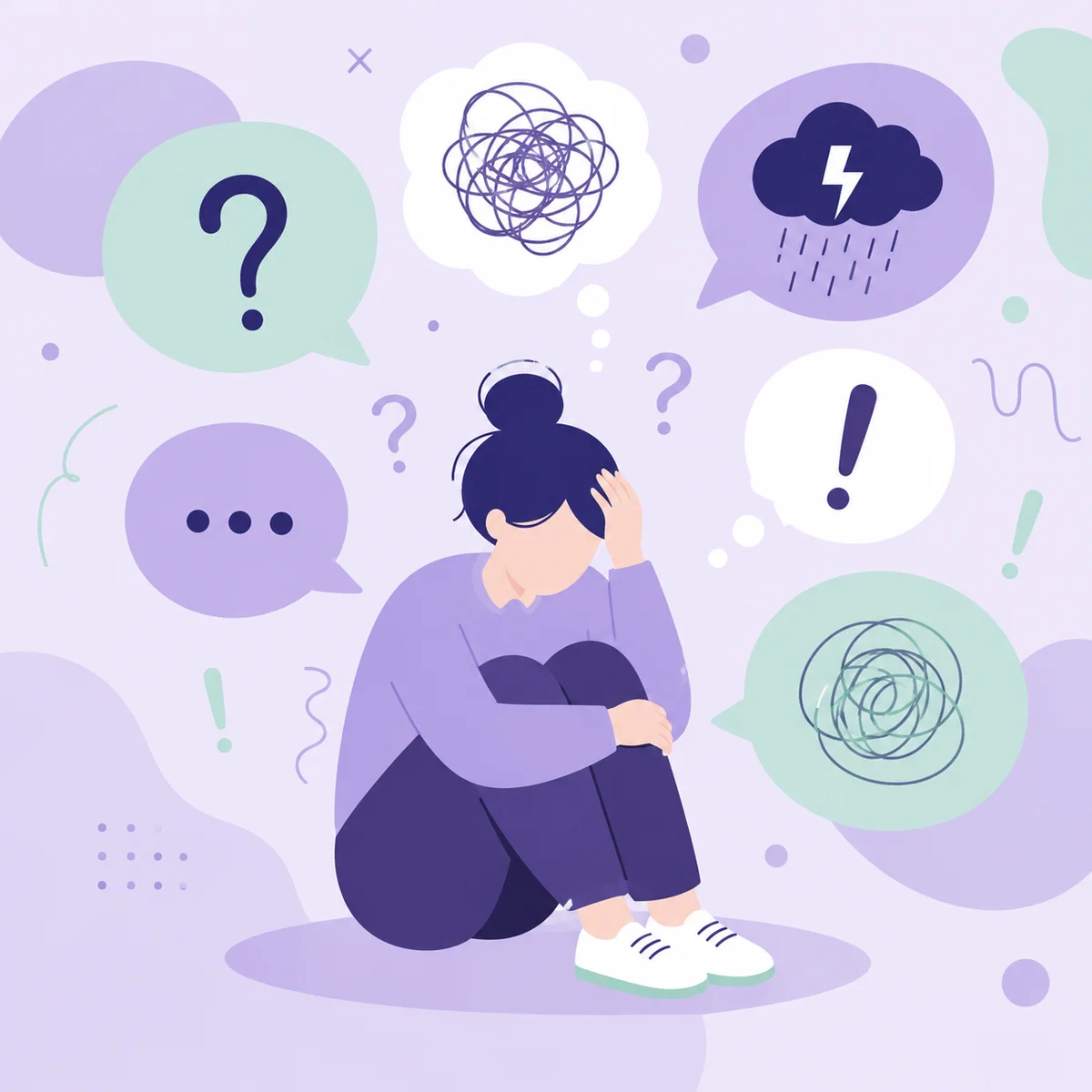 Abstract flat-vector illustration of a person surrounded by floating thought bubbles containing anxiety symbols like question marks and exclamation points, rendered in soft pastel tones