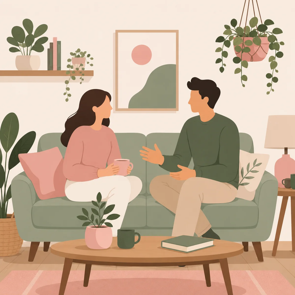 Flat-vector illustration of a couple sitting on a couch having an open conversation, soft warm color palette with gentle pastel tones
