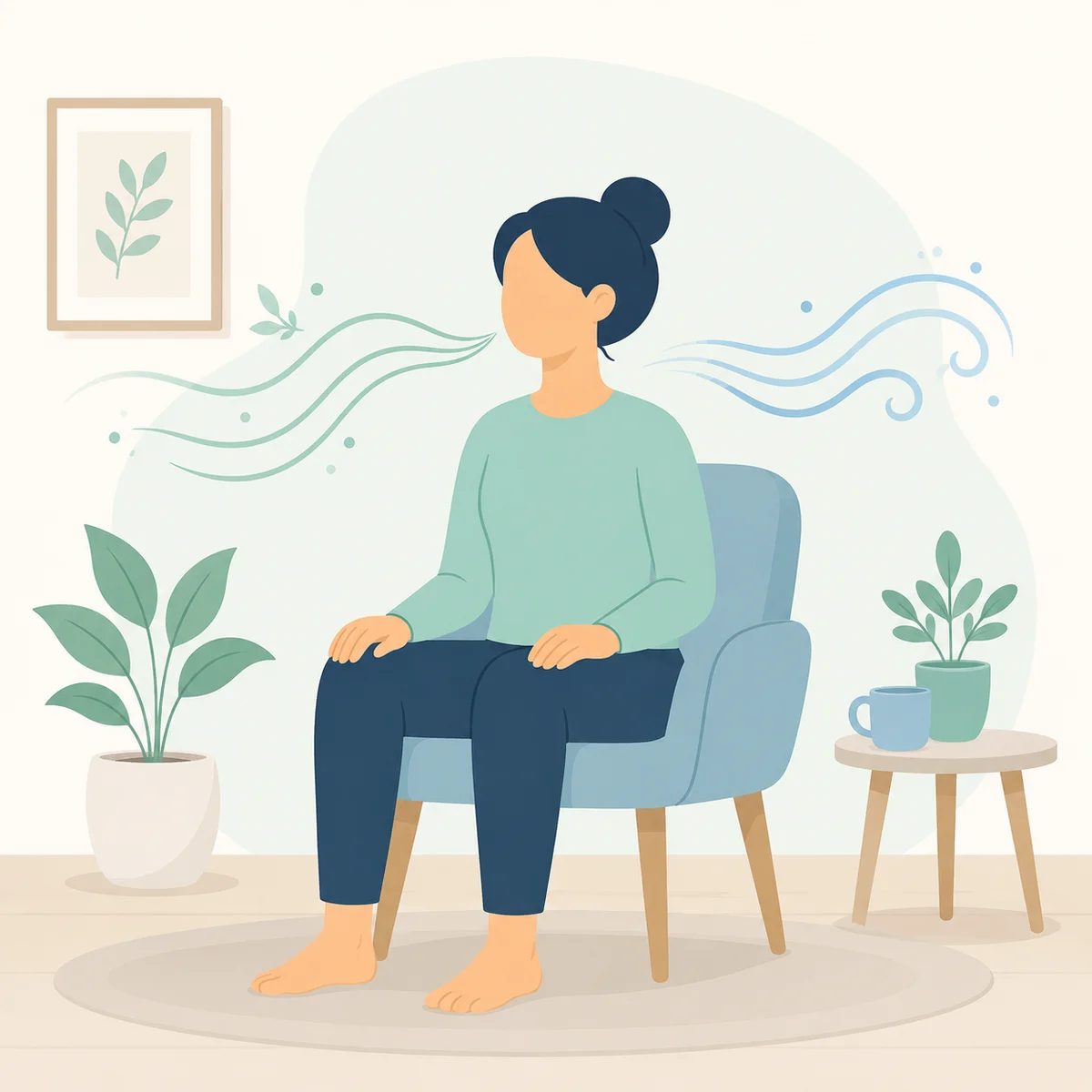 Flat-vector illustration showing a person practicing grounding technique - feet flat on the ground, hands on knees, with a subtle breathing visualization represented by soft flowing lines
