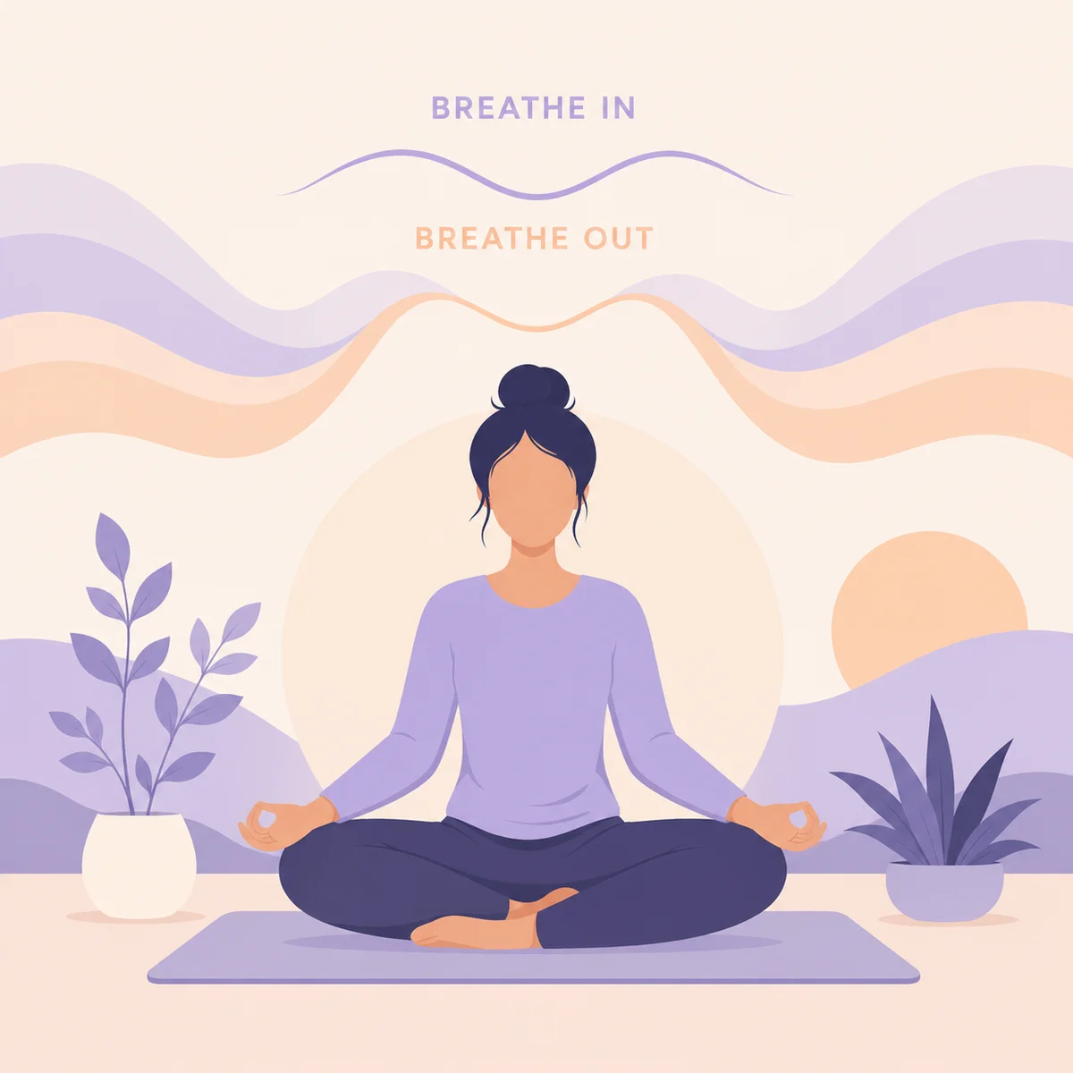 Flat-vector illustration of a person in a calm meditation-like posture, with soft pastel waves representing breathing rhythm, minimalist composition