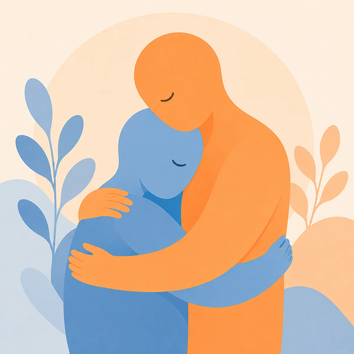 Flat-vector illustration of two abstract figures in a gentle, supportive embrace, soft pastel color palette with warm orange and gentle blue tones, conveying emotional safety