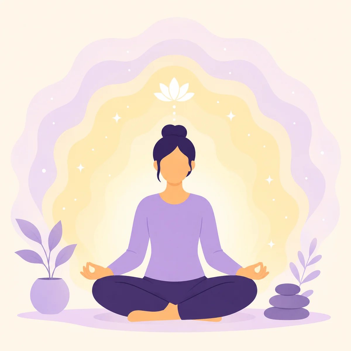 Flat-vector illustration of a person sitting peacefully with a calm facial expression, surrounded by soft pastel aura representing emotional equilibrium, clean minimalist composition