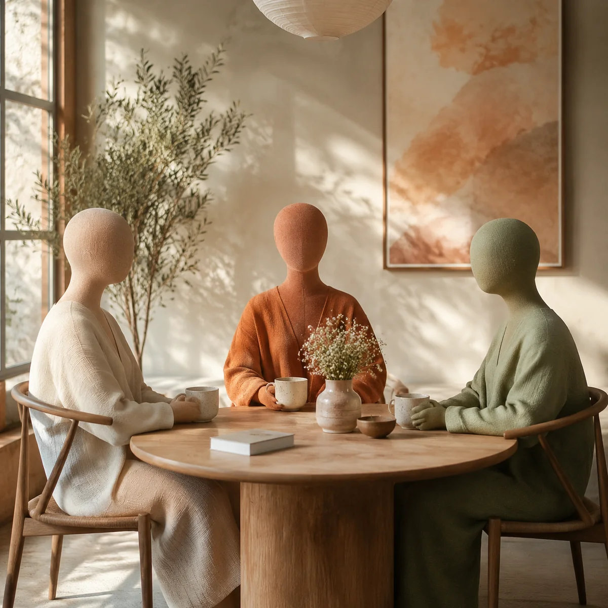 Three abstract figures seated around a round table in balanced conversation, representing equal power dynamics in threesome dating