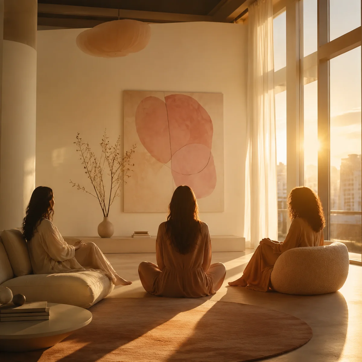 Three abstract figures arranged in a triangular composition in a sunlit room, equal spacing representing balanced three-way dynamics