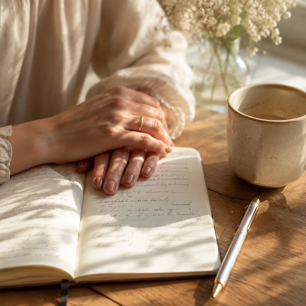 Close-up of hands resting on an open notebook with pen, coffee nearby, representing negotiation and discussion before a threesome