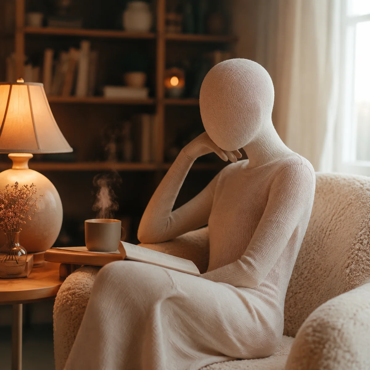 Abstract figure sitting contemplatively in a cozy chair, warm lamp light, representing the single person's perspective in threesome dynamics