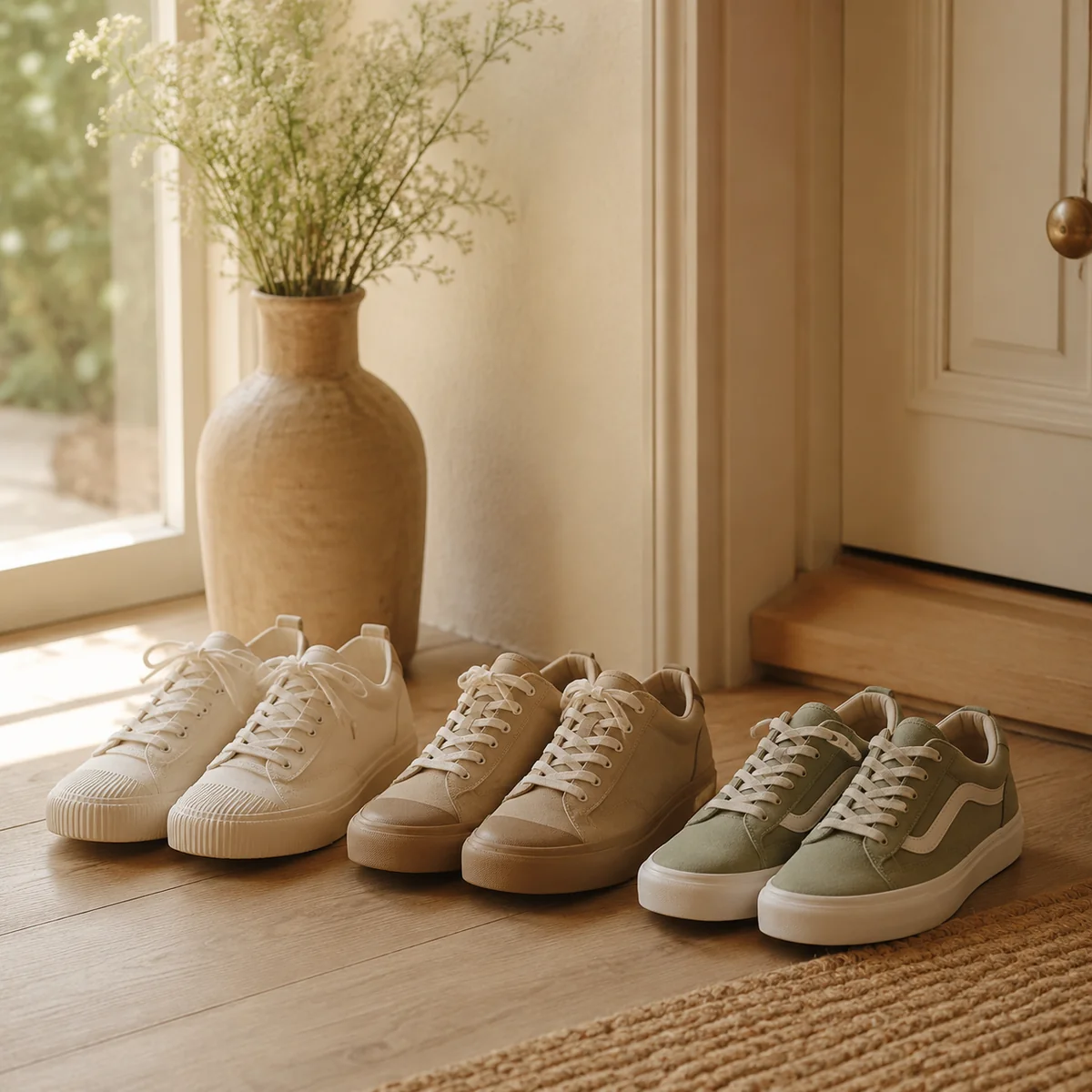 Three pairs of shoes placed side by side near an entryway, warm natural light, symbolizing three people coming together in a shared space