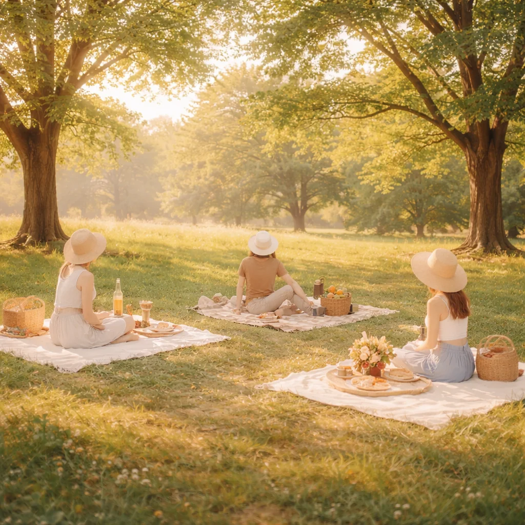 Wide outdoor picnic scene with three abstract figures on blankets, balanced spacing under trees in soft sunlight, representing harmonious threesome power dynamics
