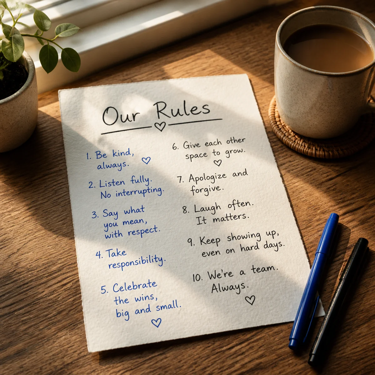 Handwritten rules on paper with two different handwriting styles representing agreement
