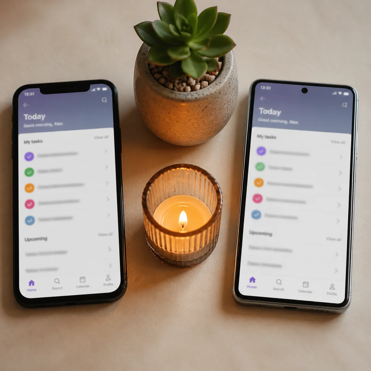 Two phones showing aligned apps representing couple coordination on boundaries