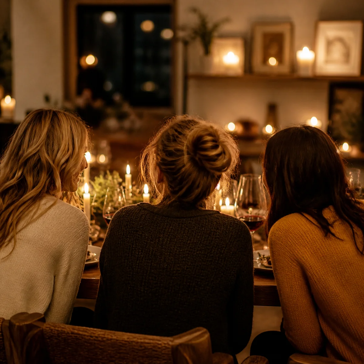 Three people laughing together at a dinner table, warm natural lighting, lifestyle photography style, relaxed social atmosphere