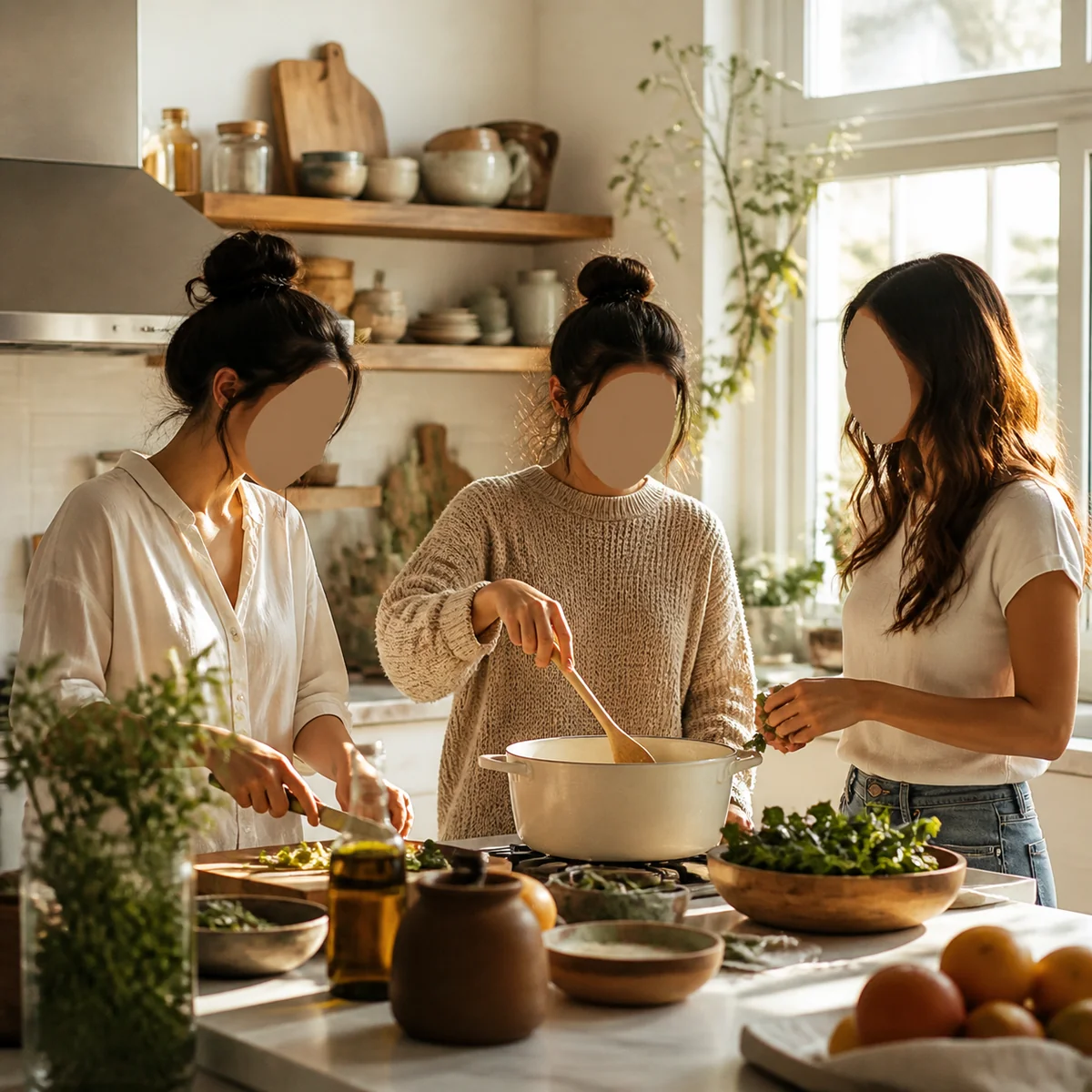 Three people cooking together in a kitchen, natural light, lifestyle photography with warm editorial tones, domestic intimacy