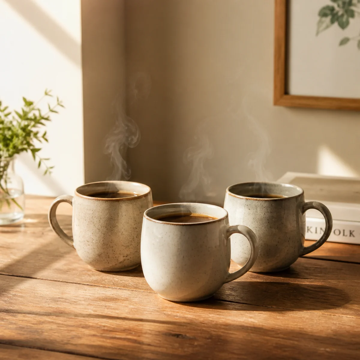 Three coffee cups on a table with morning sunlight, lifestyle photography, editorial composition, warm tones, symbolizing shared daily life