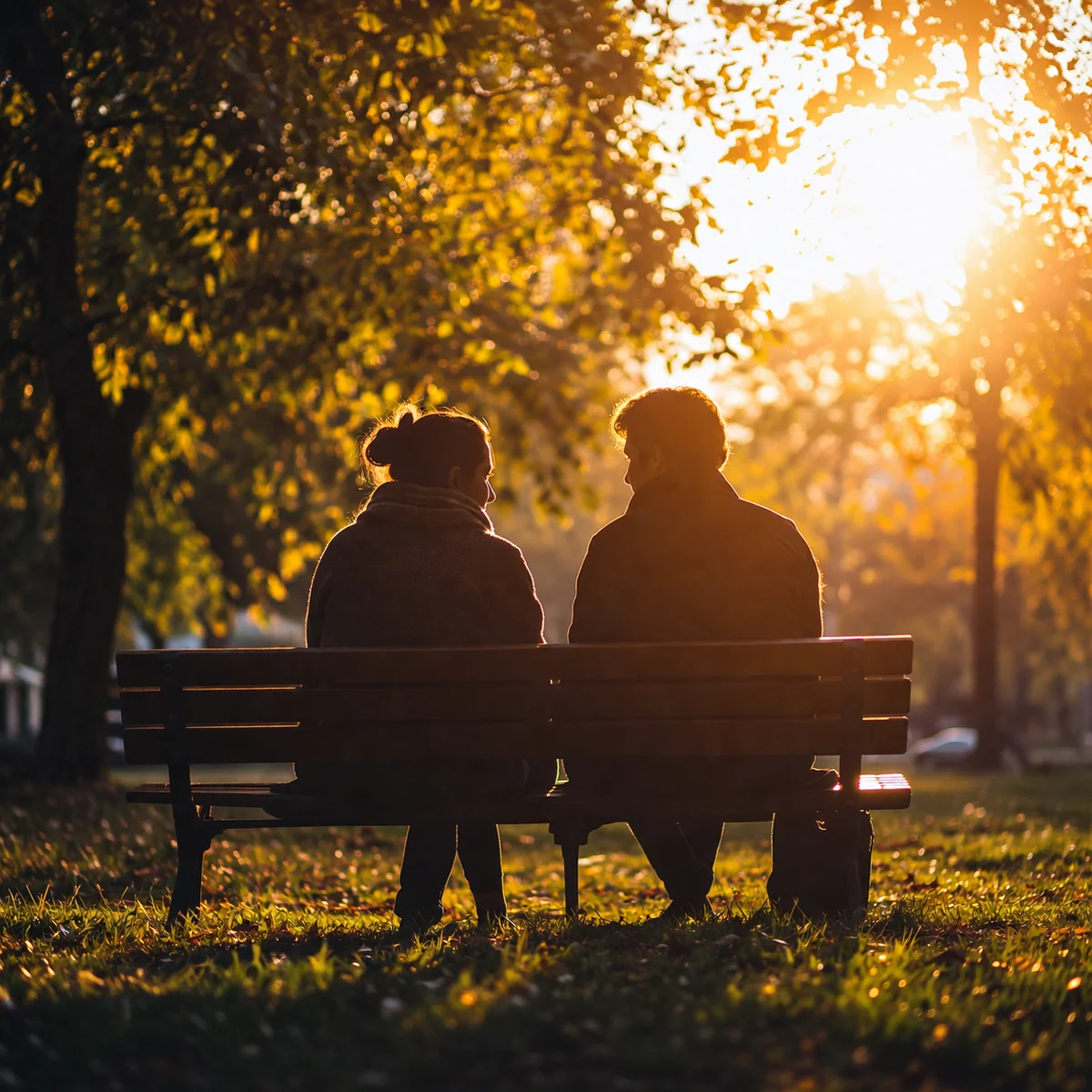 Two people having a quiet conversation on a park bench, lifestyle photography, natural golden hour light, intimate and genuine moment