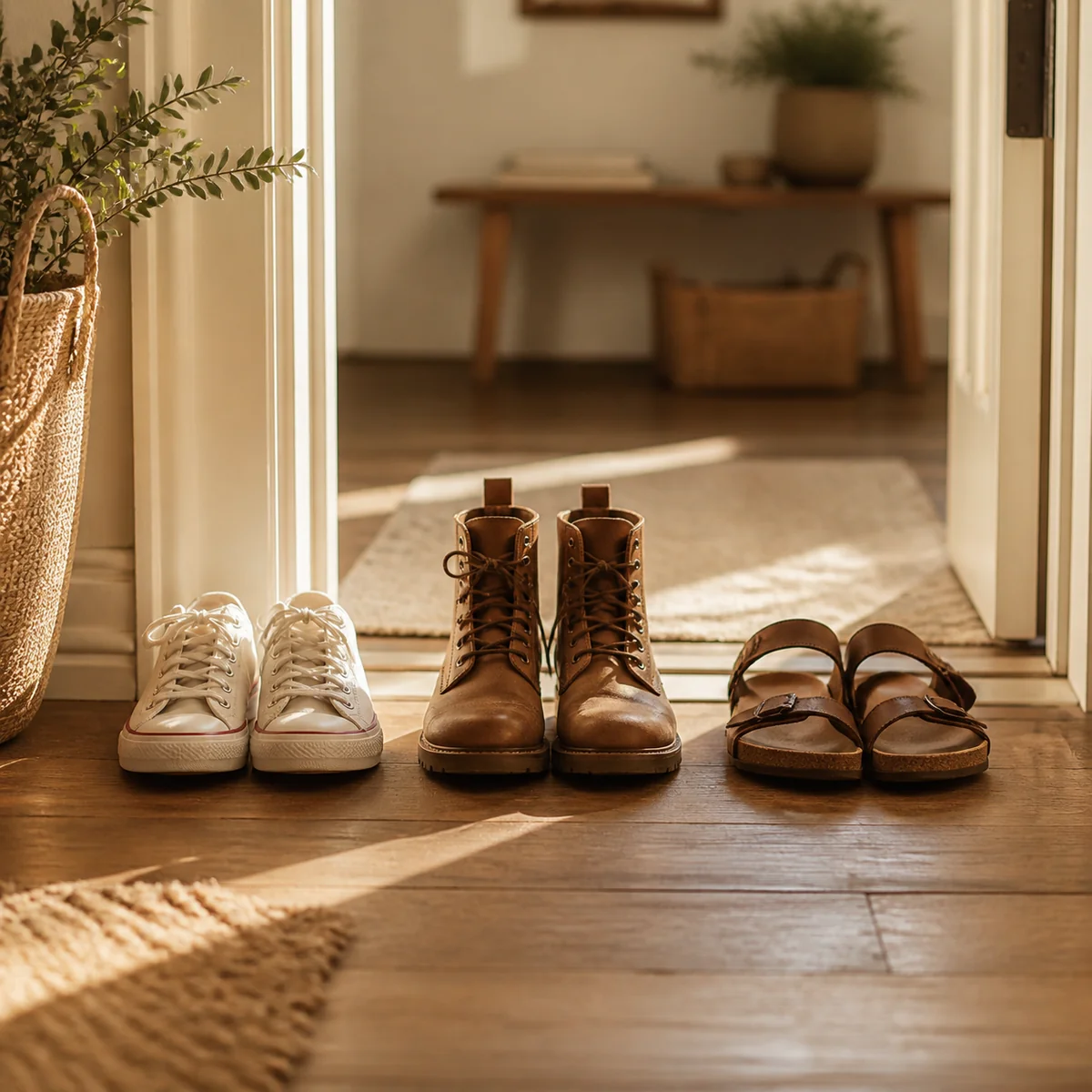 Three pairs of shoes by a doorway, lifestyle photography with soft morning light, editorial composition suggesting shared living