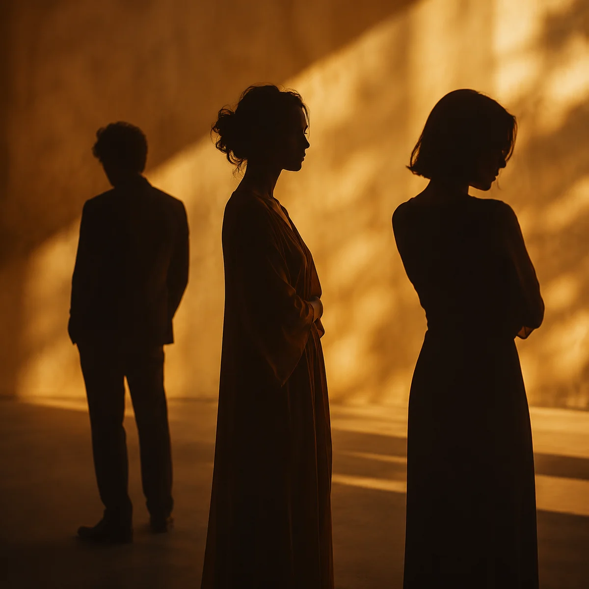 Three silhouetted figures standing in soft light, with one figure partially turned away, illustrating the emotional distance that can develop during unequal attraction in a threesome